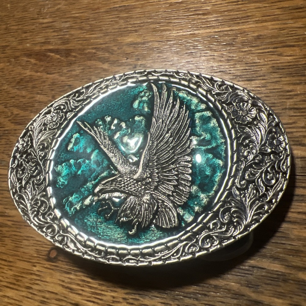 Vintage Metal Craft Belt Buckle Flying American Eagle Teal Enamel 8538 1980s